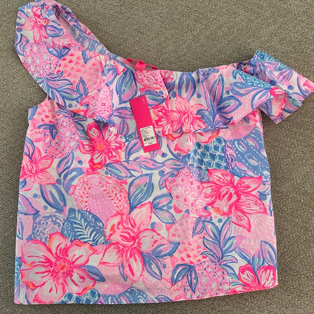 Lilly Pulitzer Zeldie One Shoulder Ruffle Top Size L in Snappy Turtle